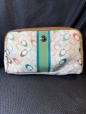 Coach Multicolor C Signature Cosmetic Case with Green & Teal Stripe